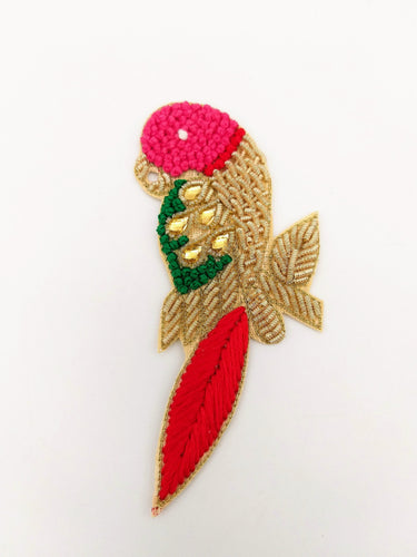 Hand Embroidered Bird Applique With Pink and Red Embroidery With Antique Gold Zardozi Work, Parrot Applique, Knot Embroidered Applique